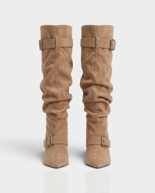 ESTRELLE Pointed Toe Buckle Strap Knee-High Heel Boots