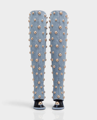 ESTELLA Studded Thong Toe Denim Thigh-High Heel Boots