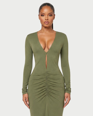 MINEA Plunge Cutout Long-Sleeve Ruched Bodycon Maxi Dress