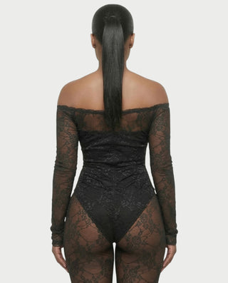 RAMILA Off-Shoulder Sheer Lace Top & Flared Pants Set