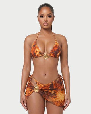 MARVINA Marble Print Bikini & Sarong Three-Piece Set