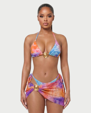 MARVINA Marble Print Bikini & Sarong Three-Piece Set