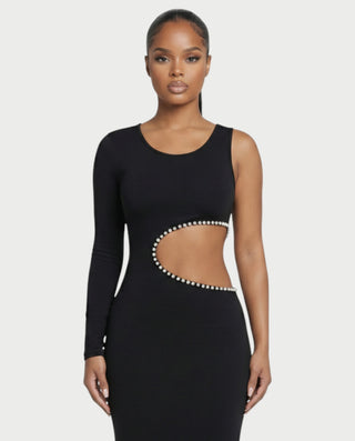 BELLIA One Sleeve Pearl Cut-Out Maxi Dress