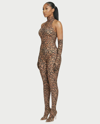 Conjunto de mono y guantes de cuello alto con estampado de leopardo ISALINE