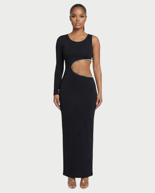 pearl-detail cut-out maxi dress Plunge Neck Cut Out Pearl Shell Trim Detail Maxi Dress In Blue | EGO US