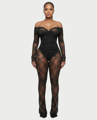 RAMILA Off-Shoulder Sheer Lace Top & Flared Pants Set