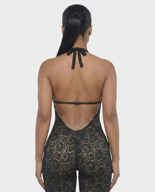 Mono de satén con plumas sintéticas y cuello en V profundo de LANNY