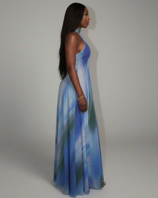 REBECCA High Neck Watercolor Maxi Dress