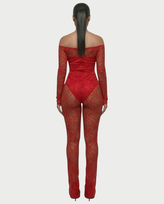 RAMILA Off-Shoulder Sheer Lace Top & Flared Pants Set