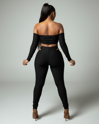 ELOWEN Off-shoulder Long Sleeve Top & Cutout Pants Set