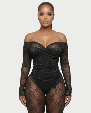 RAMILA Off-Shoulder Sheer Lace Top & Flared Pants Set