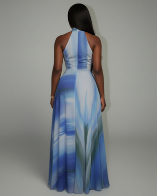 REBECCA High Neck Watercolor Maxi Dress