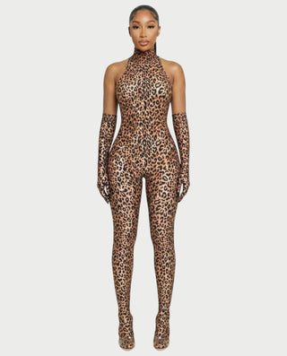 Conjunto de mono y guantes de cuello alto con estampado de leopardo ISALINE