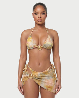 MARVINA Marble Print Bikini & Sarong Three-Piece Set