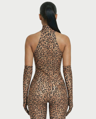 Conjunto de mono y guantes de cuello alto con estampado de leopardo ISALINE