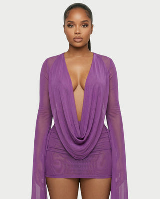 Vestido mini drapeado con cuello vuelto CAROL