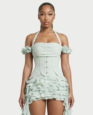 VALORIA Corset Ruffle Hem Mini Dress – Celestia