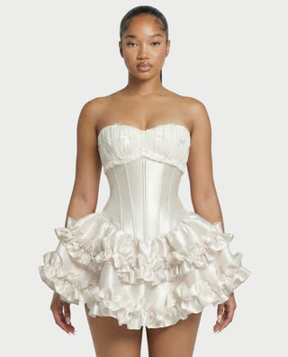 ZERELA Strapless Corset Ruffle Hem Mini Dress