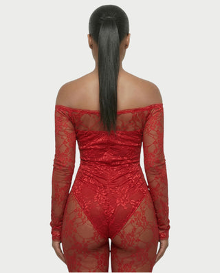 RAMILA Off-Shoulder Sheer Lace Top & Flared Pants Set