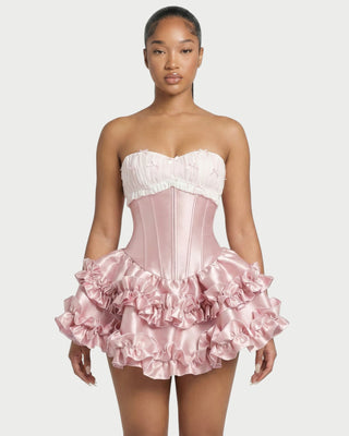 ZERELA Strapless Corset Ruffle Hem Mini Dress