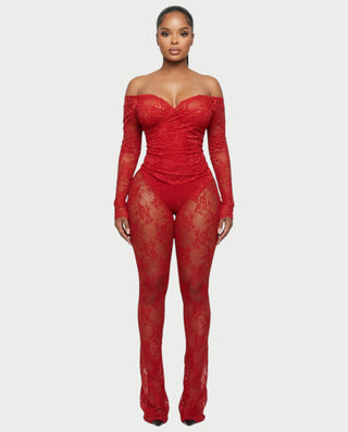 RAMILA Off-Shoulder Sheer Lace Top & Flared Pants Set