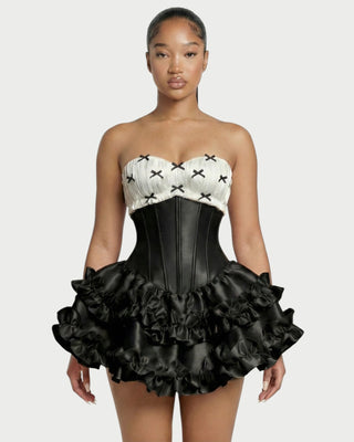 ZERELA Strapless Corset Ruffle Hem Mini Dress