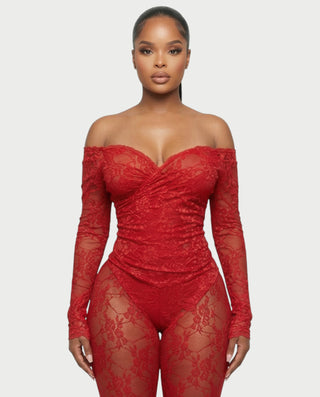 RAMILA Off-Shoulder Sheer Lace Top & Flared Pants Set