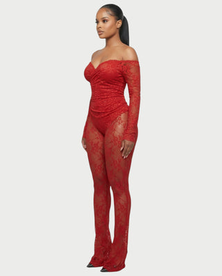 RAMILA Off-Shoulder Sheer Lace Top & Flared Pants Set