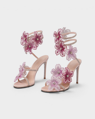 PALMERA Rhinestone Floral Appliqué Ankle-Wrap Stiletto Heels