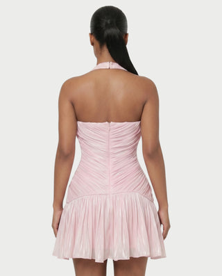 LITE Shimmer Ruched Halter Pleated Mini Dress