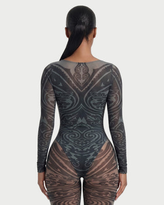 CELESTINE Abstract Print Mesh Bodysuit & Sheer Leggings Set