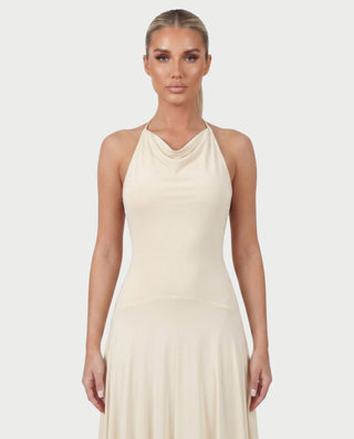 ZEINAB Draped Halter Open-Back Handkerchief Midi Dress