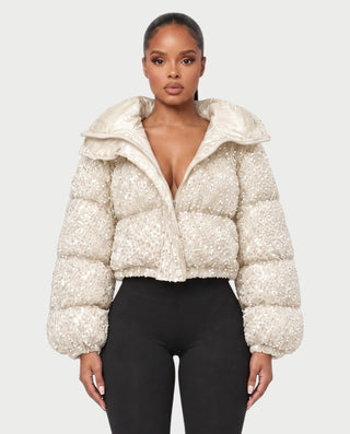 RENYA Sequin Hooded Cropped Zip-Up Puffer Jacket