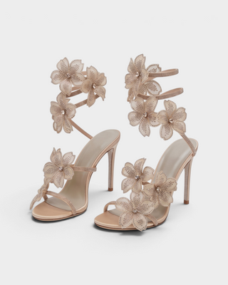 PALMERA Rhinestone Floral Appliqué Ankle-Wrap Stiletto Heels