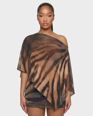 OVALINE Sheer Zebra Print One-Shoulder Top & Mini Skirt Set