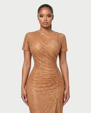 DULCINEA V-Neck Embellished Short Sleeve Ruched Maxi Dress