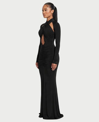 AVILINA Cross-Halter Ruched Bodycon Maxi Dress