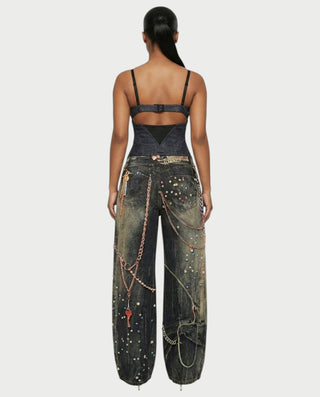 SANZA Vintage Denim Chain Detail Wide-Leg Pants
