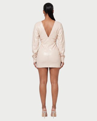 KENNY Faux Leather Plunge V-Neck Long Sleeve Mini Dress
