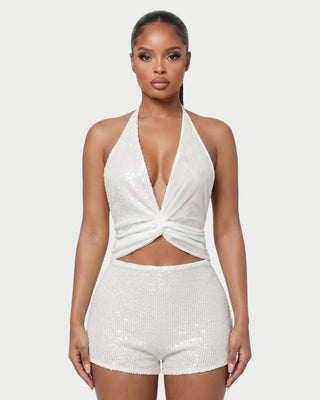 ELISSA Sequin Twist-Front Halter Top & Shorts Set