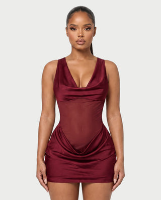 AVIGAIL Cowl Neck Sheer Mesh Draped Satin Mini Dress