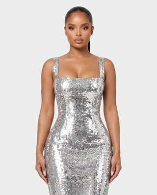 EMELYN Silver Sequin Square Neck Bodycon Maxi Dress
