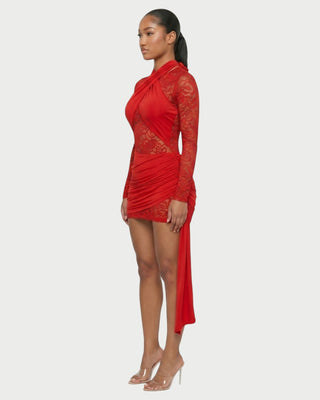 MARLOW Halter Cross Neck Lace Draped Mini Dress