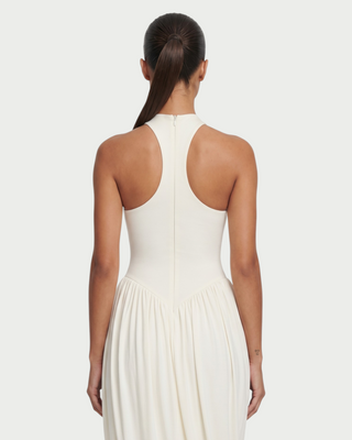 SHAYE High Neck Racerback Ruched Draped Maxi Dress