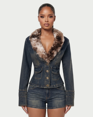 ILLIANA Faux Fur Collar Lace-Up Back Denim Jacket