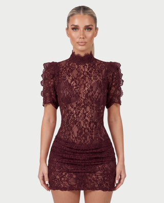 ODETTE Mock Neck Sheer Lace Bodycon Mini Dress