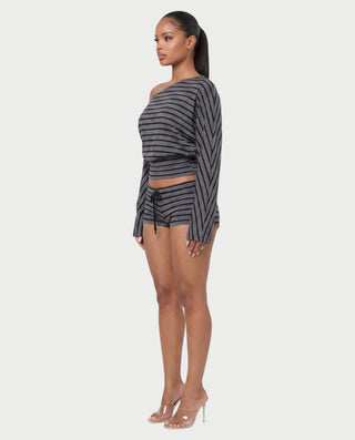 IMARA Striped Off-Shoulder Top & Drawstring Shorts Set