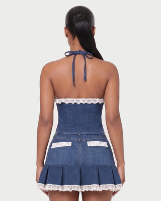RIVIERA Lace-Trim Denim Halter Top & Pleated Mini Skirt Set