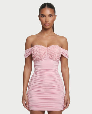 FENIX Floral Appliqué Ruched Off-Shoulder Mini Dress