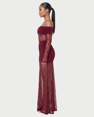 MORLA Off Shoulder Floral Lace Ruched Maxi Dress